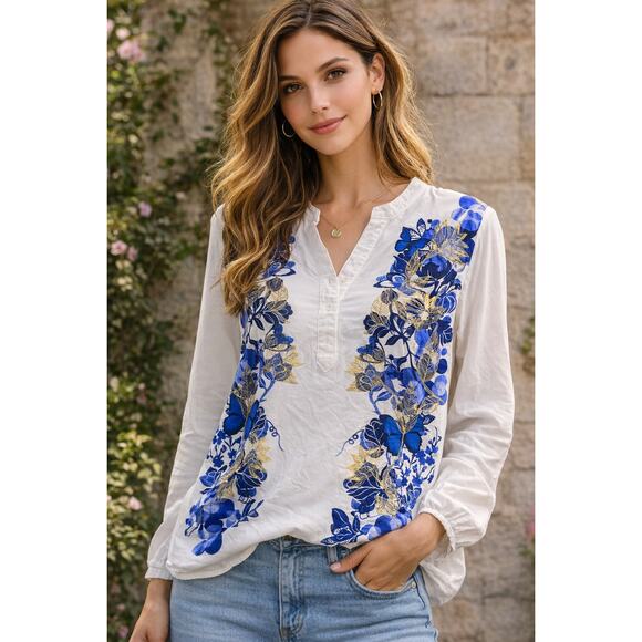 Desigual Tops - Desigual White Blue Floral Blouse Gold Accent Boho Top Women’s US Small EUR Med
